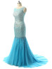 Blue Tulle Beads Backless Mermaid Long Prom Dress